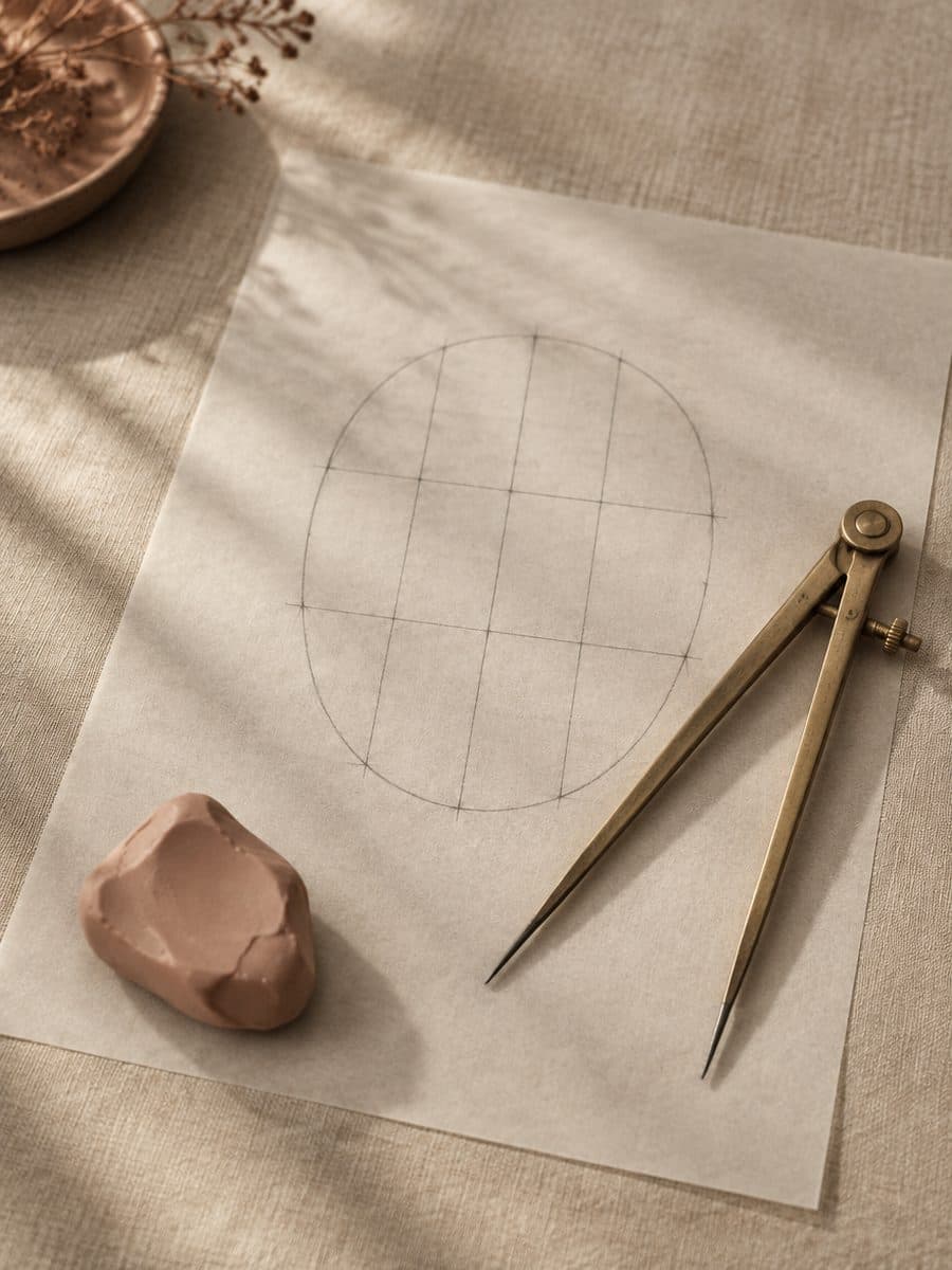 Papel vegetal com linhas de proporção facial traçadas a grafite e um compasso de pontas