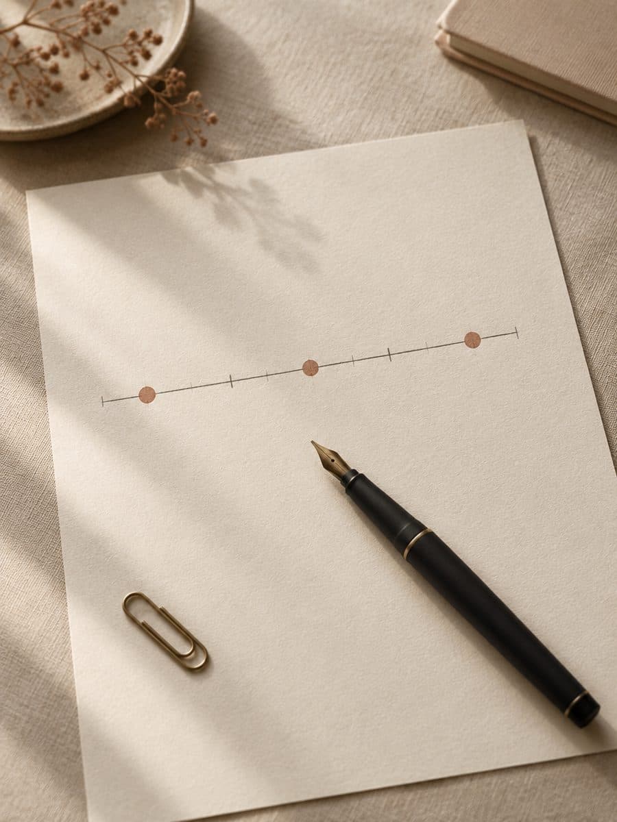 Folha de protocolo com linha do tempo marcada a lápis e tinta terracota